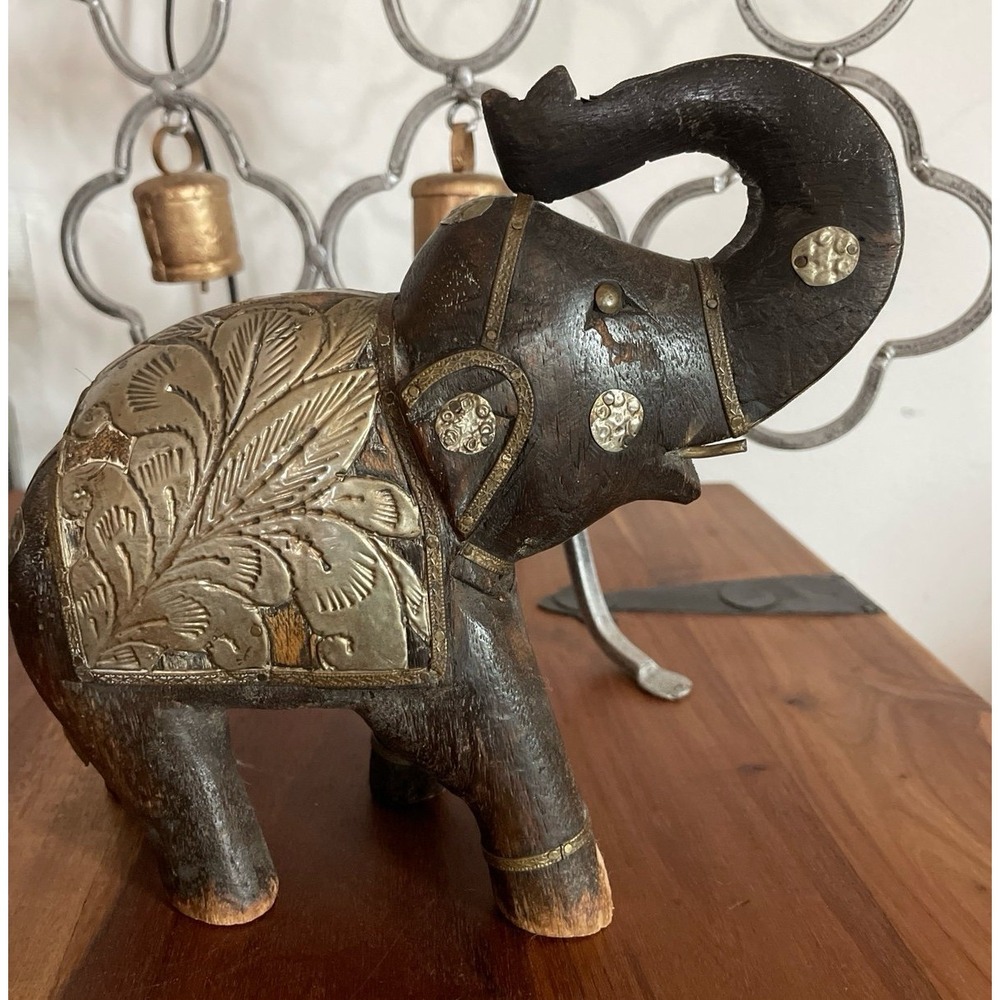 Old Hand Carved‎ Metal Fitted Wooden Elephant Statue